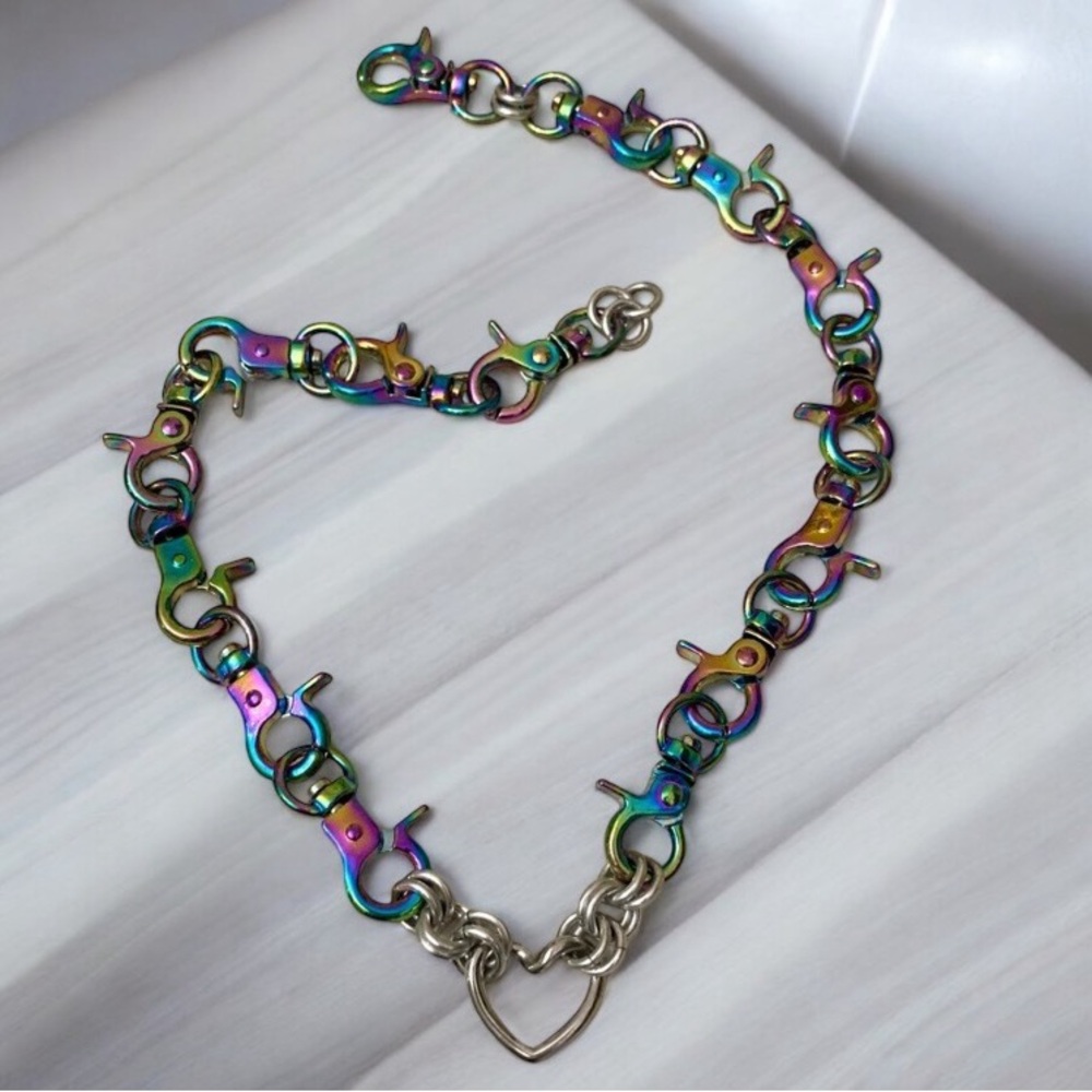 Stainless steel heart choker rainbow clasps goth punk emo chain necklace - Picture 3 of 12